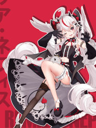 Rule 34 | 1girl, flat chest, frilled sleeves, frills, highres, horns, legwear garter, long hair, official art, pale skin, phase connect, remilia nephys, ribbon, tail, twintails, virtual youtuber, waist cape, white hair, wings