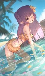 Rule 34 | 1girl, absurdres, all fours, beach, bikini, blush, cloud, commentary request, commission, day, double bun, flower, frilled bikini, frills, grin, hair bun, hair flower, hair ornament, highres, hoplitx, long hair, looking at viewer, one eye closed, original, outdoors, petals, pixiv commission, purple eyes, purple hair, sand, sky, smile, solo, swimsuit, tree, water, wet, wet hair, yellow bikini, yellow flower