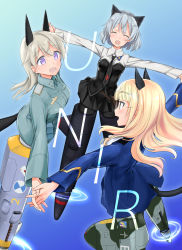 Rule 34 | 3girls, animal ears, aohashi ame, black legwear, black shirt, black skirt, blonde hair, blue background, blue jacket, blunt bangs, collared shirt, commentary request, eila ilmatar juutilainen, glasses, gradient background, grey hair, highres, holding hands, interlocked fingers, jacket, long hair, long sleeves, looking at another, military, military uniform, miniskirt, multiple girls, necktie, open mouth, pantyhose, perrine h. clostermann, pleated skirt, purple eyes, sanya v. litvyak, shirt, short hair, skirt, smile, strike witches, striker unit, tail, uniform, world witches series