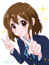 Rule 34 | 1girl, 2022, blazer, blue jacket, blue ribbon, blush, brown eyes, brown hair, closed mouth, commentary, double v, hair ornament, hairclip, highres, hirasawa yui, jacket, k-on!, long sleeves, looking at viewer, neck ribbon, ribbon, sakuragaoka high school uniform, school uniform, shirt, short hair, signature, simple background, smile, solo, sparkle, symbol-only commentary, tsunemoku, upper body, v, white background, white shirt