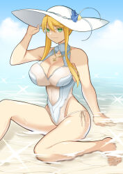 Rule 34 | 1girl, artoria pendragon (all), artoria pendragon (fate), artoria pendragon (swimsuit ruler) (fate), artoria pendragon (swimsuit ruler) (second ascension) (fate), blonde hair, breasts, cleavage, fate/grand order, fate (series), green eyes, hat, hat grab, highres, hisaya mura, jewelry, large breasts, long hair, looking at viewer, necklace, on ground, one-piece swimsuit, print one-piece swimsuit, print swimsuit, sidelocks, sky, smile, solo, sparkle background, sunlight, swimsuit, tagme, thighs, water, white hat