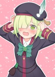 Rule 34 | 1girl, @ @, aoi (princess connect!), bag, beret, black hat, blush, commentary request, green hair, green ribbon, hair over one eye, hands on own face, hat, hat feather, hat tassel, highres, nervous sweating, nzmtarou, open mouth, outline, panicking, pink background, planet, pointy ears, princess connect!, ribbon, school uniform, shooting star, solo, st. theresa&#039;s girls academy school uniform, star (symbol), sweat, white outline