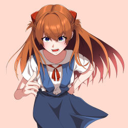 Rule 34 | 1girl, absurdres, artist request, blue eyes, blush, breasts, brown hair, hair ornament, hand on own hip, highres, index finger raised, interface headset, long hair, looking at viewer, medium breasts, neon genesis evangelion, open mouth, school uniform, shiny skin, simple background, skirt, solo, souryuu asuka langley, standing, suspender skirt, suspenders, tokyo-3 middle school uniform, tsundere, two side up, very long hair