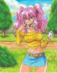 Rule 34 | 1girl, 2020, absurdres, belt, belt skirt, blouse, blue eyes, breasts, choker, collarbone, denim, denim skirt, earrings, highres, holding, holding phone, jewelry, large breasts, midriff, navel, original, outdoors, phone, pink hair, pink nails, ravernclouk design, rose gardener (ravernclouk design), shirt, skirt, solo, thick thighs, thighs, traditional media, tree, twintails