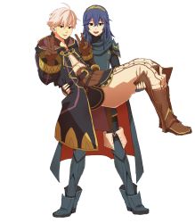 Rule 34 | 1boy, 1girl, blue eyes, blue hair, boots, brown eyes, cape, carrying, double v, fire emblem, fire emblem awakening, gloves, highres, hiyotama0715, long hair, lucina (fire emblem), nintendo, open mouth, princess carry, robe, robin (fire emblem), robin (male) (fire emblem), shoulder pads, smile, thigh boots, thighhighs, tiara, v, white hair