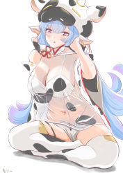 Rule 34 | 1girl, absurdres, animal ears, animal print, bare shoulders, bikini, blue hair, blush, breasts, catura (granblue fantasy), cow ears, cow girl, cow hat, cow horns, cow print, detached sleeves, draph, ear piercing, granblue fantasy, hat, highleg, highleg bikini, highres, horns, huge filesize, indian style, jitome, large breasts, long hair, looking at viewer, micro shorts, navel, open mouth, piercing, pointy ears, purple eyes, see-through, short shorts, shorts, sitting, solo, swimsuit, thighhighs, thighs, very long hair, white bikini, white shorts, wide sleeves, yutayara