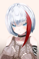 Rule 34 | 1girl, :t, admiral graf spee (azur lane), admiral graf spee (peaceful daily life) (azur lane), aoi minato (aoi3710blueport), aran sweater, azur lane, bad id, bad pixiv id, blue eyes, blunt bangs, blush, breasts, cable knit, choker, commentary request, detached sleeves, frown, hands up, heart, heart choker, highres, looking at viewer, multicolored hair, pout, red hair, revision, short hair, sidelocks, silver hair, sleeves past wrists, solo, streaked hair, sweater, upper body