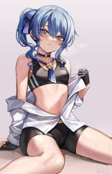 Rule 34 | 1girl, artist name, bare shoulders, bike shorts, blue eyes, blue hair, blush, choker, collared shirt, flat chest, gloves, hair between eyes, hair ribbon, highres, hololive, hoshimachi suisei, looking at viewer, medium hair, midriff, navel, necktie, partially fingerless gloves, partially undressed, ribbon, shirt, side ponytail, simple background, sitting, solo, sports bra, star (symbol), star in eye, sweat, symbol in eye, undressing, virtual youtuber, wszkii