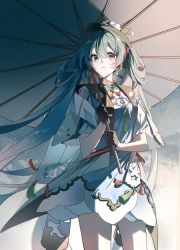 Rule 34 | 1girl, alternate hairstyle, aqua hair, dress, gloves, hair ornament, hands up, hatsune miku, highres, holding, holding umbrella, izumi ju, long hair, parted lips, shading, short sleeves, solo, standing, twintails, umbrella, vocaloid