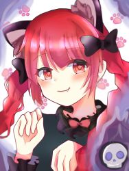 1girl, animal ear fluff, animal ears, bangs, black bow, blunt bangs, blurry, blush, bow, bowtie, braid, cat ears, closed mouth, commentary request, depth of field, dorowa (drawerslove), extra ears, eyebrows visible through hair, fang, hair bow, hands up, highres, hitodama, kaenbyou rin, long hair, looking at viewer, paw background, paw pose, red eyes, red hair, red neckwear, skull, smile, solo, touhou, twin braids, twintails