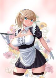 Rule 34 | 1girl, :o, alternate costume, apron, black dress, blue eyes, breasts, brown hair, cowboy shot, detached collar, dress, enmaided, flower, framed breasts, frilled apron, frilled dress, frills, gloves, gradient background, highres, holding, holding tray, intrepid (kancolle), jouzaburou (joe3), kantai collection, large breasts, maid, pink background, ponytail, puffy short sleeves, puffy sleeves, short hair, short sleeves, solo, thighhighs, tray, waist apron, white background, white gloves, wrist cuffs
