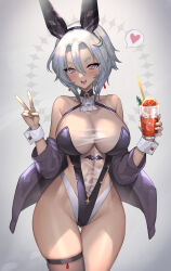 Rule 34 | 1girl, absurdres, animal ears, bare shoulders, blush, breasts, covered navel, crescent, crescent hair ornament, cup, earrings, fake animal ears, fang, gluteal fold, grey hair, hair between eyes, hair ornament, heart, highres, hitowa, holding, holding cup, huge breasts, jewelry, leotard, looking at viewer, open mouth, original, playboy bunny, rabbit ears, red eyes, see-through, see-through leotard, short hair, single thighhigh, solo, spoken heart, thighhighs, v, wrist cuffs