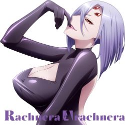 Rule 34 | 10s, 1girl, breasts, cleavage, female focus, finger to mouth, highres, arthropod girl, large breasts, monster girl, monster musume no iru nichijou, rachnera arachnera, red eyes, short hair, skin tight, smile, solo, spider girl, standing, white background