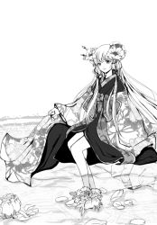 Rule 34 | 00s, 1girl, chii, chobits, floral print, flower, greyscale, hair flower, hair ornament, japanese clothes, kimono, long hair, monochrome, parted lips, petals, ribbon, sitting, soaking feet, solo, suyao (3mol), unmoving pattern, very long hair, water