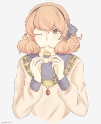 Rule 34 | 1girl, artist name, blush, brown eyes, curly hair, eating, fire emblem, fire emblem echoes: shadows of valentia, genny (fire emblem), grey background, hairband, hakirino, highres, jewelry, necklace, nintendo, one eye closed, pink hair, simple background, solo, upper body