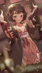 Rule 34 | 1girl, :d, absurdres, black coat, black hair, blurry, blurry foreground, blush, bullet, coat, cowboy shot, curly hair, cxxxl, dress, dual wielding, dutch angle, feather dress, feather hair ornament, feathers, finger on trigger, flat chest, gun, hair ornament, hairband, handgun, hands up, highres, holding, holding gun, holding weapon, indoors, jewelry, looking at viewer, lower teeth only, necklace, open mouth, outstretched arm, outstretched hand, picture frame, red dress, red eyes, reverse:1999, schneider (reverse:1999), shell casing, short hair, smile, smoke, smoking gun, solo, teeth, weapon, white hairband