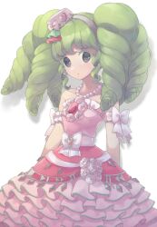 Rule 34 | 1girl, bad id, bad twitter id, bow, colored eyelashes, cowboy shot, dress, falulu, flower, frilled dress, frills, green hair, grey eyes, hat, highres, idol clothes, inactive account, jewelry, long hair, looking at viewer, mini hat, necklace, open mouth, pink dress, power symbol, pretty series, pripara, rose, shiyurinpu, sidelocks, simple background, solo, standing, strapless, strapless dress, twintails, white background