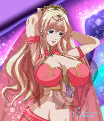 Rule 34 | 1girl, arabian clothes, arms behind head, arms up, birthday, blonde hair, blue eyes, breasts, commentary, commission, deviantart username, earrings, english commentary, hair ornament, harem outfit, highres, jewelry, large breasts, light particles, lips, long hair, looking at viewer, macross, macross frontier, midriff, navel, neldorwen, official alternate costume, parted lips, see-through, sheryl nome, signature, single earring, solo, tiara, upper body, veil