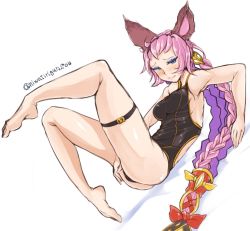 Rule 34 | 10s, 1girl, animal ears, black one-piece swimsuit, blue eyes, blush, bow, braid, breasts, closed mouth, artistic error, erune, eyeshadow, granblue fantasy, hair bow, hair ornament, legs, legs up, long hair, looking away, lying, makeup, medium breasts, niwatori gunsou, on back, one-piece swimsuit, pink hair, red bow, shadow, simple background, single braid, solo, sweat, swimsuit, taut clothes, taut swimsuit, thigh strap, tien (granblue fantasy), twitter username, very long hair, white background, wrong foot