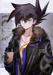 Rule 34 | 1boy, alternate costume, aoki (fumomo), black eyes, black gloves, black hair, black jacket, closed mouth, cup, disposable cup, fur-trimmed jacket, fur trim, gloves, hair between eyes, highres, holding, holding cup, jacket, long sleeves, male focus, manjoume jun, open clothes, open jacket, pectoral cleavage, pectorals, shirt, simple background, solo, spiked hair, text background, upper body, yu-gi-oh!, yu-gi-oh! gx