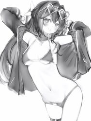 Rule 34 | 1girl, absurdres, armpits, arms up, azki (hololive), bikini, blush, breasts, cowboy shot, eyewear on head, greyscale, groin, hair between eyes, hair intakes, heart, heart-shaped eyewear, heart necklace, highres, hololive, jacket, jewelry, long hair, long sleeves, looking at viewer, medium breasts, mole, mole under eye, monochrome, nanashi (nlo), navel, necklace, open clothes, open jacket, smile, solo, spoken heart, stomach, swimsuit, thigh strap, underboob, virtual youtuber