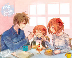 Rule 34 | 1boy, 2girls, :d, :i, aged up, blue shirt, bow, brown hair, child, commentary, cup, disposable coffee cup, disposable cup, doki doki literature club, eating, english text, family, father and daughter, food, fork, hair between eyes, hair bow, half-closed eyes, holding, holding fork, holding spoon, if they mated, indoors, long sleeves, mother and daughter, multiple girls, open mouth, pancake, pancake stack, protagonist (doki doki literature club), red bow, sayori (doki doki literature club), shirt, short hair, smile, sora (efr), spiked hair, spoon, striped clothes, striped shirt, stuffed cow, table, white shirt, wing collar