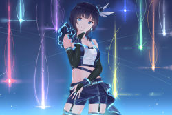 Rule 34 | 1girl, asaka karin, belt, black gloves, black hair, black hat, blue background, blue eyes, blue shirt, blue shorts, blunt bangs, breasts, bridal gauntlets, buttons, cleavage, closed mouth, collarbone, commentary request, contrapposto, cowboy shot, crop top, earrings, eichisu, elbow gloves, garter straps, gloves, gradient background, hand on own chin, hand on own thigh, hand up, hat, hat feather, highres, jewelry, light particles, looking at viewer, love live!, love live! nijigasaki high school idol club, medium breasts, medium hair, midriff, mini hat, mole, mole on collarbone, navel, shirt, shooting star, shorts, single bare shoulder, single sleeve, smile, solo, standing, thigh strap, tilted headwear, top hat, wrist cuffs
