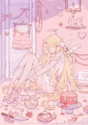 Rule 34 | 1girl, absurdres, batter, blonde hair, book, bow, bowl, brooch, cake, candle, chii, chobits, closet, cocktail glass, computer, cross, cup, cupcake, dress, drinking glass, fake halo, food, halo, heart, heart-shaped cake, highres, holy water, indoors, inverted cross, jewelry, knees up, knife, laptop, long hair, looking at viewer, mirror, olive, pink bow, pink theme, robot ears, ronoh (jill), rosary, saint, shelf, shoes, solo, thighlet, tile floor, tiles, tray, very long hair, white dress, white footwear, wings, wrist cuffs