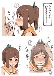 Rule 34 | 10s, 1girl, bare shoulders, blush, brown eyes, brown hair, censored, cum, cum in mouth, cum on hands, cum on tongue, cupping hands, fellatio, handjob, hetero, i-401 (kancolle), kantai collection, one-piece swimsuit, open mouth, oral, own hands together, penis, ponytail, sailor collar, school swimsuit, school uniform, shiden (sashimi no wife), short hair, short ponytail, solo focus, swimsuit, swimsuit under clothes, translation request
