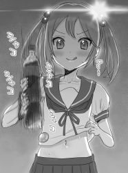Rule 34 | 1girl, afterimage, badge, clothes lift, coca-cola, cola, commentary request, cowboy shot, greyscale, hair bobbles, hair ornament, kantai collection, kujira naoto, lifted by self, monochrome, pleated skirt, sazanami (kancolle), school uniform, serafuku, shaking, shirt lift, short hair, skirt, soda bottle, solo, tongue, tongue out, twintails