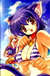 Rule 34 | 3girls, absurdres, animal ears, beach, bell, bikini, blonde hair, blue hair, breasts, casual one-piece swimsuit, cat ears, cat tail, chibi, cleavage, cloud, collar, covered erect nipples, day, dolphin, fang, glasses, highres, innertube, ishida hiroyuki, jingle bell, large breasts, long hair, multiple girls, neck bell, ocean, one-piece swimsuit, outdoors, purple hair, scan, sky, striped, swim ring, swimsuit, tail, underboob, water