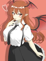 Rule 34 | 1girl, bat wings, black necktie, black skirt, breasts, collared shirt, commentary, frilled skirt, frills, head wings, heart, highres, koakuma, large breasts, long hair, multiple wings, necktie, no vest, one-hour drawing challenge, pointy ears, red background, red eyes, red hair, red nails, shirokumall, shirt, short sleeves, simple background, skirt, solo, touhou, white shirt, wings