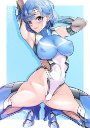 Rule 34 | 1girl, absurdres, arion canvas, armpits, arms behind head, bishoujo senshi sailor moon, blue eyes, blue hair, blue leotard, blue thighhighs, bow, breasts, circlet, covered erect nipples, earrings, elbow gloves, gloves, high heels, highleg, highleg leotard, highres, jewelry, large breasts, leotard, mizuno ami, revision, sailor mercury, short hair, solo, split, spread legs, stud earrings, taimanin (series), taimanin suit, thighhighs