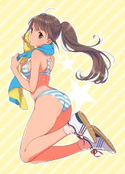 Rule 34 | 1girl, :o, antenna hair, ass, bare arms, bare legs, bare shoulders, blush, bra, breasts, brown eyes, brown hair, curly hair, diagonal stripes, eyebrows, eyelashes, from behind, full body, hair ribbon, highres, jumping, long hair, looking back, morikura en, original, outline, panties, parted lips, pink socks, ponytail, red ribbon, ribbon, shoe soles, shoelaces, shoes, sideboob, simple background, sneakers, socks, solo, sports bra, striped background, striped bra, striped clothes, striped panties, striped sports bra, sweat, sweatdrop, tareme, thighs, towel, towel around neck, underwear, white footwear, white outline, yellow background