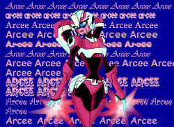 Rule 34 | 1girl, 2009, arcee, autobot, blue eyes, breasts, curvy, highres, humanoid robot, medium breasts, narrow waist, panties, pink lips, pink panties, polpolpolopl, robot, solo, text background, thick thighs, thighs, transformers, transformers animated, underwear