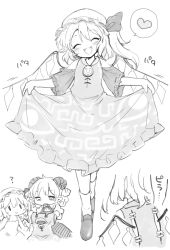 Rule 34 | 2girls, ?, ^ ^, ascot, bare shoulders, closed eyes, clothes lift, cosplay, costume switch, crystal, curly hair, dress, dress lift, earrings, eye print, fangs, flandre scarlet, greyscale, harusame (unmei no ikasumi), hat, hat ribbon, heart, horn ornament, horn ribbon, horns, jewelry, meandros, mob cap, monochrome, multiple girls, one side up, open mouth, patterned clothing, pointy ears, rectangular pupils, red horns, ribbon, sharp teeth, sheep horns, shoes, short hair, simple background, smile, socks, spoken heart, teeth, touhou, toutetsu yuuma, unworn dress, wings