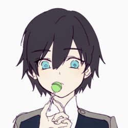 Rule 34 | 10s, 1boy, black hair, blue eyes, candy, darling in the franxx, food, hiro (darling in the franxx), lollipop, long sleeves, lowres, male focus, matching-anime-icons, military, military uniform, necktie, red necktie, short hair, solo, uniform