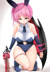 Rule 34 | 1girl, animal ears, blue leotard, breasts, bridal garter, closed mouth, fake animal ears, fantasy earth zero, holding, holding shield, holding sword, holding weapon, kneeling, large breasts, leotard, looking at viewer, necktie, neneru, pink hair, playboy bunny, rabbit ears, shadow, shield, solo, sword, thighs, weapon, white background