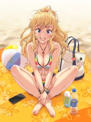 Rule 34 | 1girl, bag, ball, bare legs, bare shoulders, barefoot, beach, beach towel, beachball, bikini, blonde hair, blue eyes, bottle, breasts, cellphone, cleavage, collarbone, day, earrings, feet, front-tie bikini top, front-tie top, full body, grin, hair ornament, halterneck, hands on feet, highres, idolmaster, idolmaster cinderella girls, indian style, jewelry, large breasts, lips, long hair, looking at viewer, nail polish, navel, necklace, nigou, ohtsuki yui, open fly, outdoors, phone, ponytail, sand, short shorts, shorts, sitting, smartphone, smile, solo, striped bikini, striped clothes, sweat, swimsuit, toenail polish, toenails, toes, towel, wavy hair