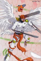 Rule 34 | 1boy, abs, angel wings, angemon, artist name, chain, chainsaw, chainsaw man, crossover, denji (chainsaw man), digimon, dont903, fusion, gloves, highres, open mouth, pochita (chainsaw man), razor blade, spiked chain, tokomon, white footwear, white gloves, white wings, wings, zipper