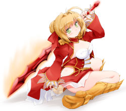 Rule 34 | 1girl, aestus estus, ahoge, anbee (arary), arm up, armored boots, blonde hair, boots, braid, breasts, cleavage, closed mouth, collarbone, covered erect nipples, dress, epaulettes, fate/grand order, fate (series), female focus, from side, full body, glowing, green eyes, hair bun, hair intakes, hair ribbon, happy, highres, holding, holding sword, holding weapon, juliet sleeves, leotard, long sleeves, looking at viewer, medium breasts, nero claudius (fate), nero claudius (fate) (all), nero claudius (fate/extra), puffy sleeves, red dress, red ribbon, ribbon, see-through, short hair, simple background, single hair bun, sitting, smile, solo, sword, textless version, wariza, weapon, white background, white leotard, yellow footwear