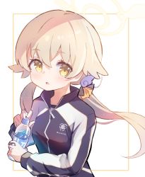 Rule 34 | 1girl, alternate costume, black jacket, blonde hair, blue archive, bottle, gym uniform, haemori ako, halo, hifumi (blue archive), highres, holding, holding bottle, jacket, long hair, long sleeves, looking at viewer, low twintails, multicolored clothes, multicolored jacket, plastic bottle, solo, track jacket, twintails, two-tone jacket, water bottle, white jacket, yellow eyes