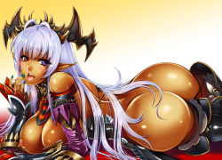 Rule 34 | 1girl, antenna hair, ass, breasts, character request, dark-skinned female, dark skin, elf, gen (genetrix), green nails, heterochromia, highres, large breasts, long hair, looking at viewer, lying, nail polish, nipples, on stomach, partially undressed, pointy ears, purple eyes, red eyes, sennen sensou aigis, sidelocks, silver hair, solo, tongue, tongue out, very long hair