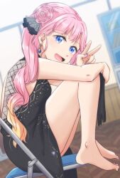 1girl :d anyoji_hime anyoji_hime_(16th_birthday) arm_on_knee barefoot black_dress blurry blurry_background chair commentary_request donpa dress dutch_angle feet_on_chair fishnets flower-shaped_hair folding_chair full_body highres indoors knees_up link!_like!_love_live! looking_at_viewer love_live! nail_polish official_alternate_costume official_alternate_hairstyle on_chair open_mouth purple_nails short_dress side_ponytail sitting sleeveless sleeveless_dress smile toenail_polish toenails toes v