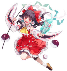 Rule 34 | 1girl, ascot, bare shoulders, between fingers, blunt bangs, bow, brown footwear, brown hair, detached sleeves, dress, floating hair, full body, gohei, hair bow, hair tubes, hakurei reimu, holding, holding gohei, looking at viewer, mary janes, medium hair, ofuda, ofuda between fingers, open mouth, orb, red bow, red dress, red eyes, ribbon-trimmed sleeves, ribbon trim, sarashi, shoes, simple background, sleeveless, sleeveless dress, socks, solo, syuri22, touhou, unfinished dream of all living ghost, white sleeves, white socks, yellow ascot, yin yang, yin yang orb
