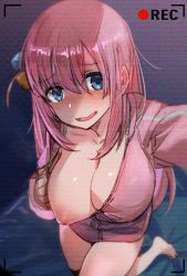 Rule 34 | 1girl, blue eyes, blush, bocchi the rock!, bow (bhp), breasts, cleavage, gotoh hitori, hair between eyes, cube hair ornament, hair ornament, inverted nipples, jacket, kneeling, large breasts, long hair, long sleeves, looking at viewer, nipples, one breast out, open mouth, partially unzipped, pink hair, pink jacket, recording, solo, track jacket, viewfinder