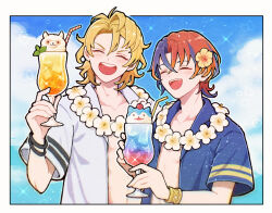 Rule 34 | 2boys, :d, alear (fire emblem), alear (male) (fire emblem), amber (fire emblem), blonde hair, blue hair, blue sky, bracelet, closed eyes, cocktail glass, cup, drink, drinking glass, fire emblem, fire emblem engage, flower, highres, jewelry, kuhaha, male focus, multicolored hair, multiple boys, nintendo, open clothes, open mouth, open shirt, red hair, shirt, short hair, sky, smile, sommie (fire emblem), teeth, two-tone hair, upper teeth only
