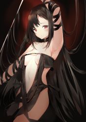 Rule 34 | 1girl, absurdres, arm ribbon, arm up, armpits, bare shoulders, black dress, black hair, black ribbon, blush, breasts, closed mouth, collarbone, commentary request, dress, fate/grand order, fate (series), hair between eyes, head tilt, highres, long hair, medium breasts, navel, red eyes, revealing clothes, revision, ribbon, ribbon-trimmed dress, ribbon trim, silver (chenwen), solo, strapless, strapless dress, very long hair, yu mei-ren (fate)