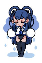Rule 34 | 1girl, black one-piece swimsuit, black thighhighs, blue hair, blue necktie, blue sailor collar, chey, closed mouth, closed eyes, freckles, full body, hair rings, hands up, highres, necktie, one-piece swimsuit, original, rain, raine (chey), sailor collar, school uniform, serafuku, shirt, short eyebrows, sleeves past fingers, sleeves past wrists, solo, standing, swimsuit, swimsuit under clothes, tears, thick eyebrows, thighhighs, white background, white shirt