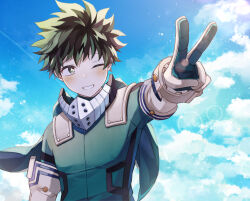 1boy bodysuit boku_no_hero_academia cloud cloudy_sky coi_mha freckles green_bodysuit green_eyes green_hair lens_flare male_focus midoriya_izuku one_eye_closed outstretched_arm parted_lips short_hair sky smile solo superhero_costume teeth upper_body v